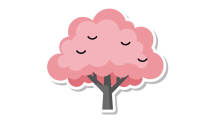 Stylized Pink Cherry Blossom Tree with Closed Eyes and Gray Trunk on Black Background Simple Vector Illustration with White Border