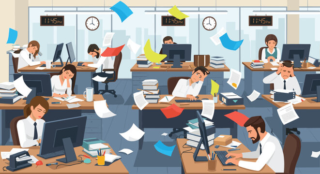 Flat design vector illustration of a chaotic and busy office environment with stressed, overworked employees and flying papers symbolizing deadline pressure and burnout.