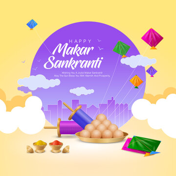 A modern and vibrant Makar Sankranti vector artwork featuring a purple circular sky backdrop, colorful kites, festive sweets, manja spools, clouds, and a city skyline. Ideal for festival promotions.