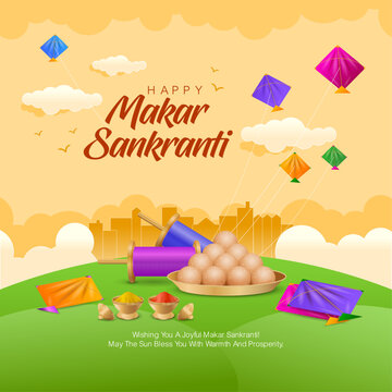 A bright and festive Makar Sankranti vector illustration featuring colorful kites flying in the sky, traditional laddus, manja spools, clouds, and a warm yellow background. Indian festival.