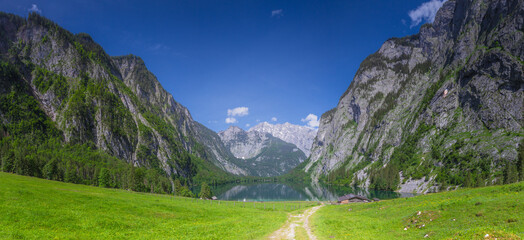 Fototapeta premium Mountain valley with tracks near Obersee lake in Berchtesgaden National Park