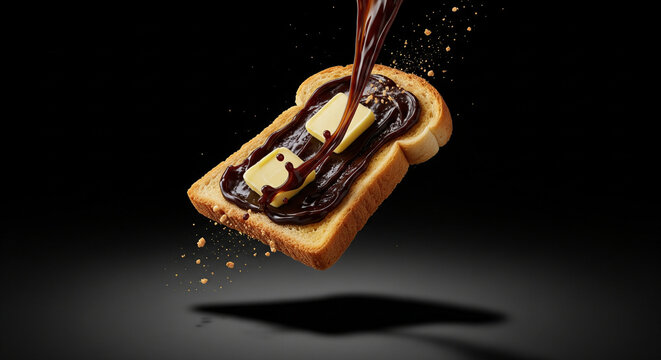 Floating Buttered Toast with Marmite &ndash; Ultra Realistic British Breakfast, Levitation Marmite Toast with Dynamic Spread Motion, Premium Floating British Toast &ndash; High-Speed Food Photography