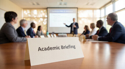 academic briefing sign on conference table with business professionals attending educational seminar presentation for faculty meeting university training or scholarly discussion session