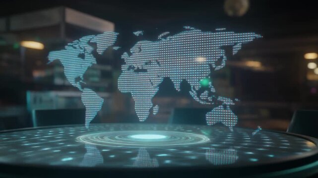 Holographic world map projected on a sleek futuristic conference table with glowing elements in a modern hightech office representing global data communication and innovation