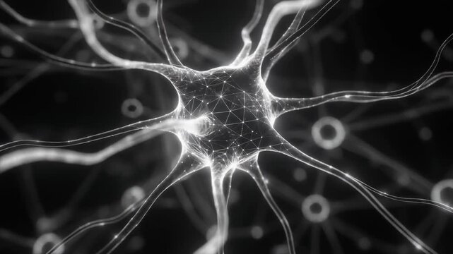 Abstract glowing neural network connections on a dark background symbolizing artificial intelligence data processing and complex scientific concepts like brain activity and technology