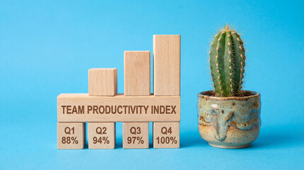 quarterly team productivity index growth with ascending bar graph and cactus plant on blue background for business performance tracking metrics