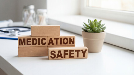 medication safety text on wooden blocks beside desk for pharmaceutical management prescription drug administration healthcare compliance and patient care quality assurance in clinical settings