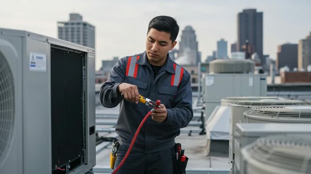 HVAC technician working on rooftop air conditioning units in urban setting