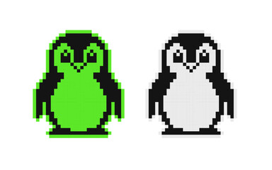 Pixel Art Penguin Icon: Retro 8-bit Style Digital Linux Mascot with Neon Green and Black and White Color Variants