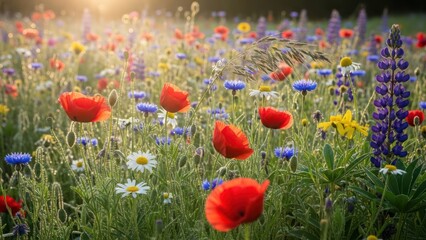 Obraz premium Colorful wildflower meadow blooming under sunlight