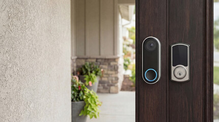 Smart home security system with video doorbell camera and digital lock on front door for residential access control monitoring protection