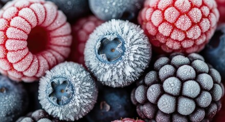 A close up shot of frozen raspberries blueberries and blackberries mix