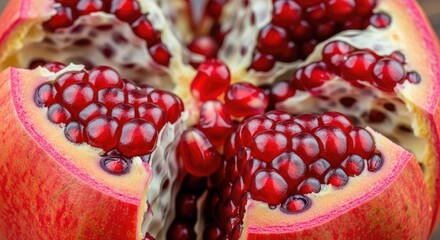 A close up view of a pomegranate fruit with its seeds exposed inside it