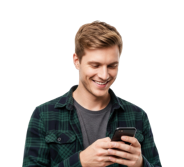 Man smiling while looking at his phone transparent background cutout png