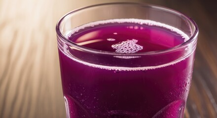 Close up of a glass filled with a purple liquid on a wooden surface