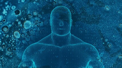 Digital Human Silhouette in Blue with DNA Pattern and Science Motif Background