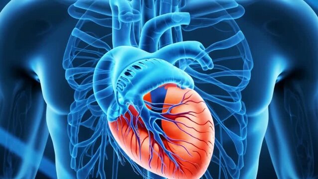Realistic human heart beating animation. 3D medical render showing cardiac function inside transparent blue torso
