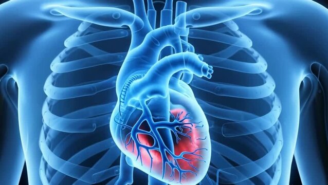 Realistic human heart beating animation. 3D medical render showing cardiac function inside transparent blue torso