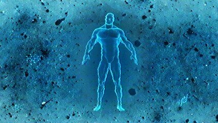 Glowing Human Silhouette on Speckled Blue Surface Cosmic Imagery
