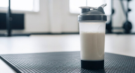 Protein shake in a sports bottle on gym mat in fitness center
