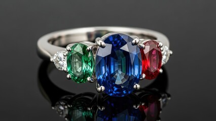 Elegant gemstone ring displaying blue red and green oval cut jewels with a silver band reflecting on black surface