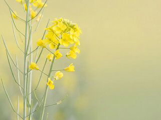Beautiful yellow rapeseed flowers blooming on soft pastel background with copy space for text
