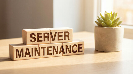  Server maintenance wooden blocks with text and succulent plant on bright desk for IT technical support system administration concept