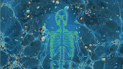 Abstract Digital Artwork of Human Skeleton in Cosmic Blue Aesthetic