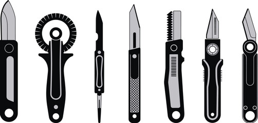 Silhouettes of Seven Cutting Tools Including Utility Knives, Box Cutters, and Precision Blades for Craft, Medical, and Industrial Projects