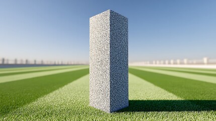 A single, textured rectangular pillar stands on a vibrant green field under a clear blue sky