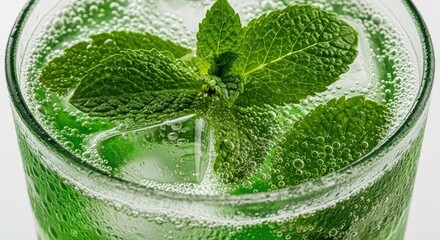 Close up of a green drink with mint leaves and ice cubes in a glass