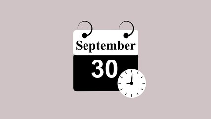 September month 30 date calendar Page with Clock Icon animation on white Background. Digital calendar month concept design.
