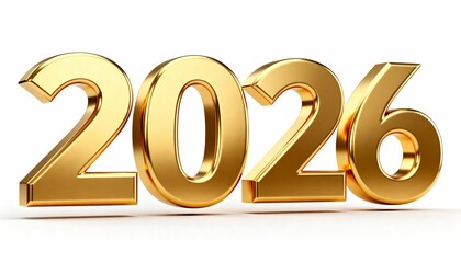 Golden 3D 2026 Text in Bold Shiny Gold on White Background
