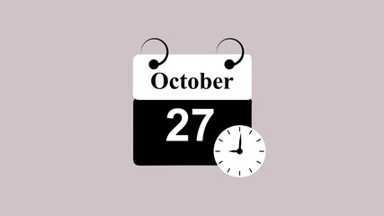 October month 27 date calendar Page with Clock Icon animation on white Background. Digital calendar month concept design.