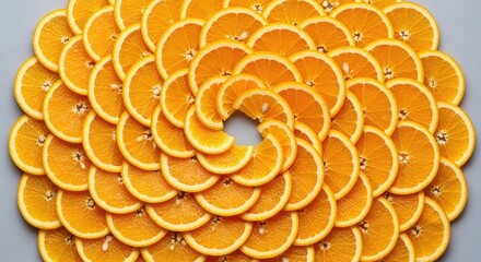 Circular arrangement of orange slices on a light gray background view