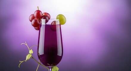 A glass of purple juice with grapes on a purple gradient background