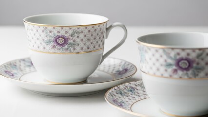 Elegant porcelain teacups and saucers with floral design in soft focus