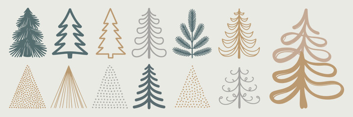 Hand-Drawn Christmas Tree Collection Featuring Various Minimal Line Art and Sketch Styles in Neutral Tones – Vector Illustration Set for Holiday and Seasonal Design Projects