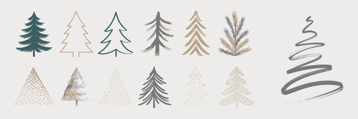 Hand-Drawn Christmas Tree Collection Featuring Various Minimal Line Art and Sketch Styles in Neutral Tones – Vector Illustration Set for Holiday and Seasonal Design Projects