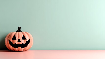 A smiling jack-o'-lantern against a mint green backdrop and pink surface, festive and minimal