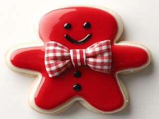 A smiling gingerbread man cookie, red icing, white border, checkered bow, on white background