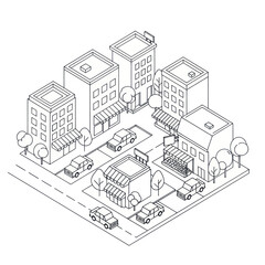 Fototapeta premium Isometric view of a city block with buildings and cars.