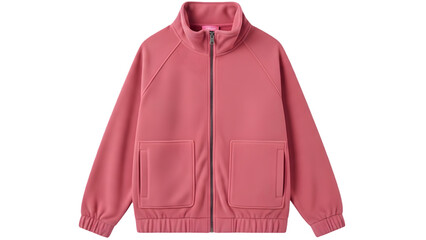 Pink fleece zipup jacket for kids or adults, casual outerwear with high collar and pockets isolated on transparent background