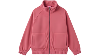 Pink fleece zipup jacket for kids or adults, casual outerwear with high collar and pockets isolated on transparent background