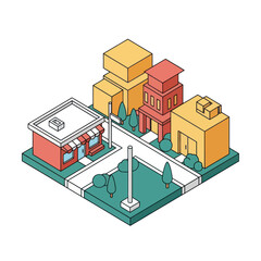Isometric Cityscape Illustration with Buildings and Street.
