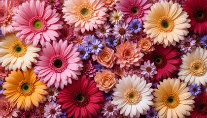 Vibrant Floral Background Composed of Colorful Gerbera, Rose, Carnation, and Delphinium Blossoms in Full Bloom