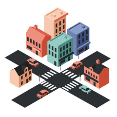 Isometric Cityscape with Buildings, Roads, and Cars.