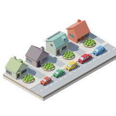 Isometric Low Poly Neighborhood with Houses and Cars on a Street.