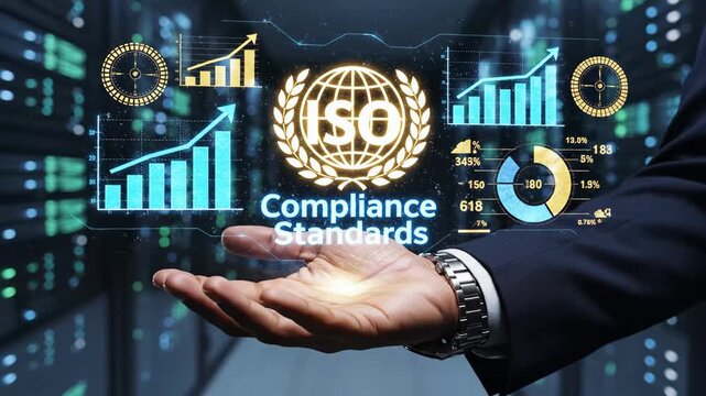 Compliance and Standards Concept - This video depicts a hand presenting a hologram with the ISO logo and the words "Compliance Standards".