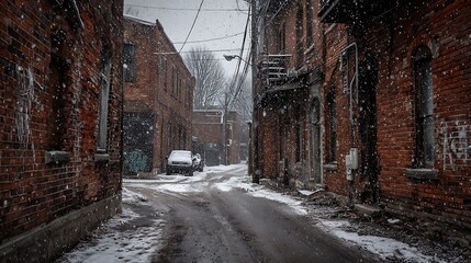 A snow-covered alleyway lined with aged brick buildings. Snowflakes falling softly